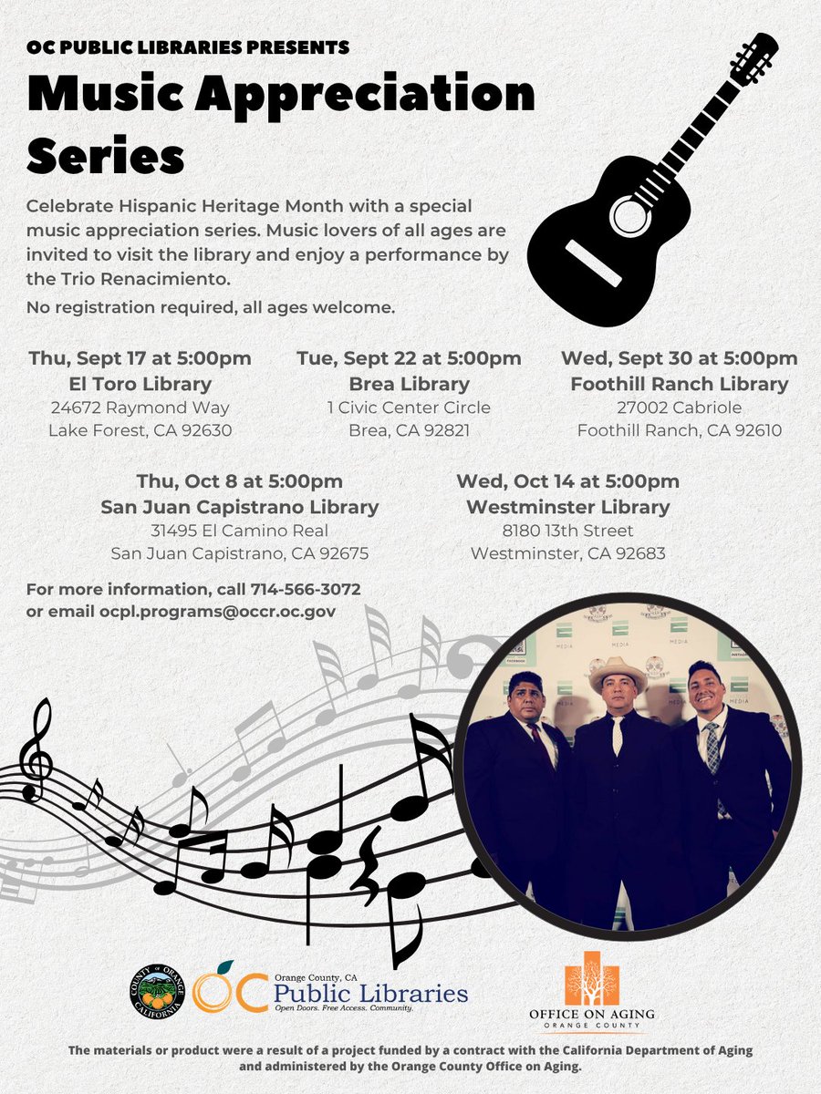 ocpublib's tweet photo. Celebrate Hispanic Heritage Month with a special music appreciation series. Music lovers of all ages are invited to visit the library and enjoy a performance by the Trio Renacimiento. 

For more Hispanic Heritage Month programs, visit: https://t.co/UsfhyWAtxG https://t.co/H0642lYMaX