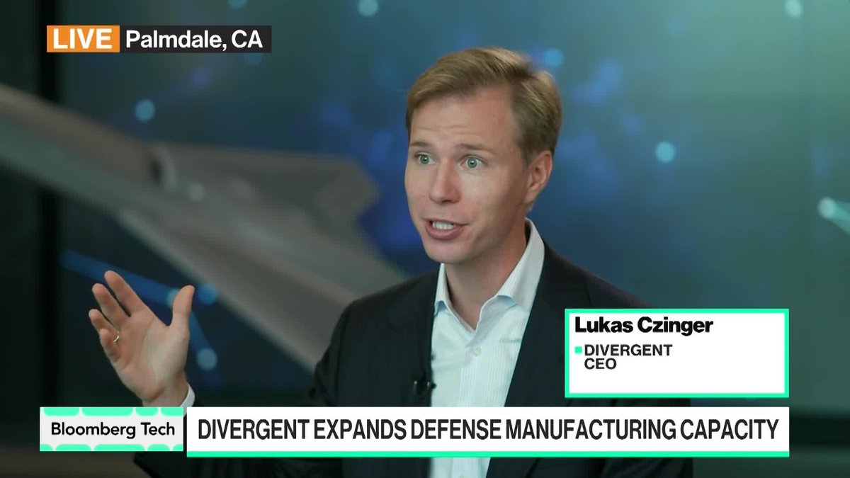 Bloomberg Tech live from Palmdale, CA features Lukas Czinger, Divergent CEO, discussing "DIVERGENT EXPANDS DEFENSE MANUFACTURING CAPACITY."