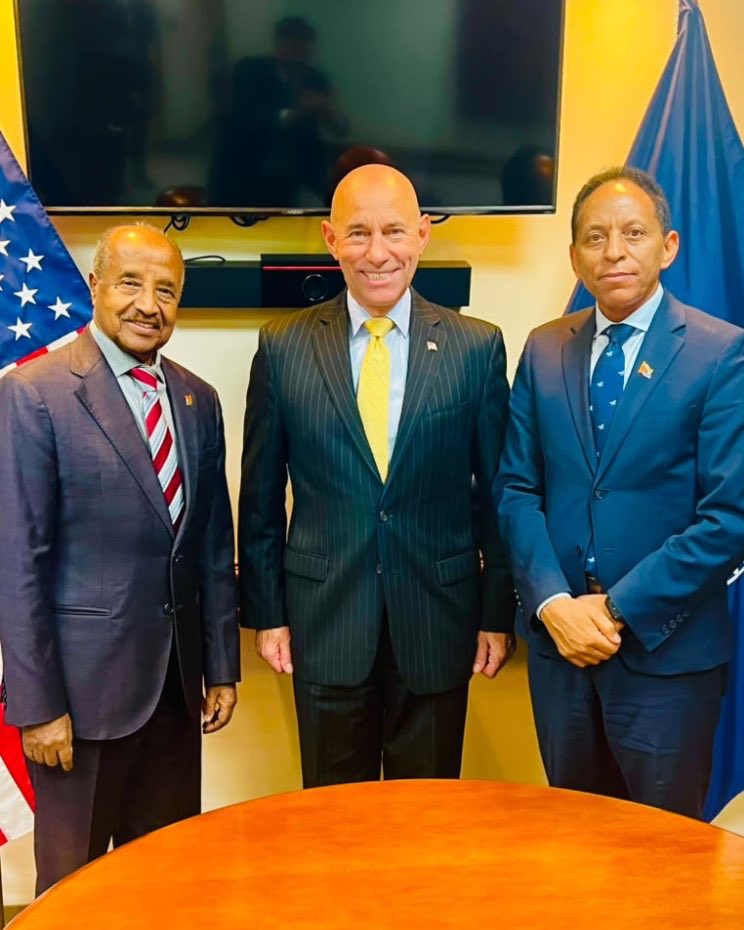eritrean_post's tweet photo. Eritrea’s delegation, led by Foreign Minister Osman Saleh, met in Washington with U.S. Under Secretary of State for Political Affairs Allison Hooker and Assistant Secretary for Africa Frank Garcia, according to Information Minister Yemane Gebremeskel. 

Minister Osman welcomed the lifting of unilateral sanctions as a vital step toward a new page in Eritrea-U.S. relations, and discussed trade, investment, and Eritrea’s role in peace and security across the Horn of Africa, the Red Sea, and the Gulf of Aden. 🇪🇷🇺🇸