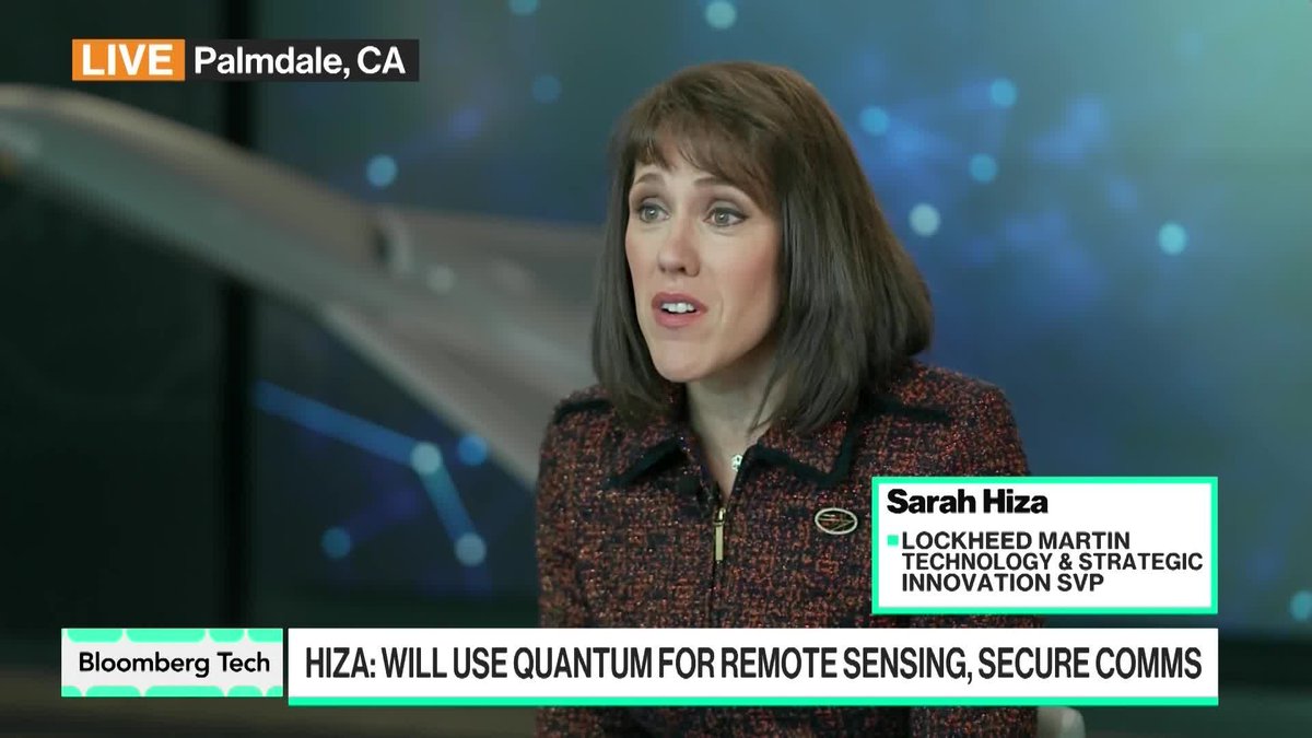 Sarah Hiza, Lockheed Martin's SVP of Technology & Strategic Innovation, appears in a live Bloomberg Tech interview from Palmdale, CA, discussing the company's plans to use quantum technology for remote sensing and secure communications—context for the partnership with OpenAI on advancing the F-35's sensor capabilities.