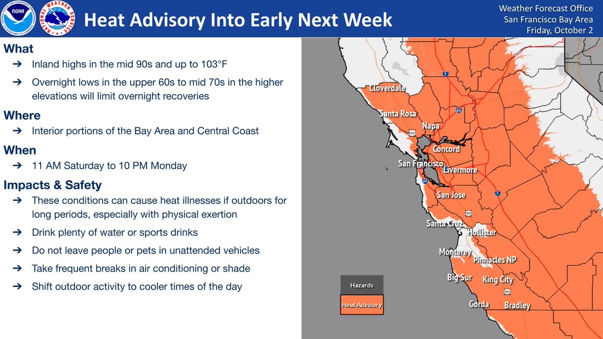 NWSBayArea's tweet photo. 🌡️ HEAT ADVISORY EXTENDED: The Heat Advisory has been extended through 10 PM Monday and now includes the North Bay Interior Valleys.
📈 Inland highs: Mid 90s–103°F
🌙 High elevation lows in the upper 60s to mid 70s offer little relief. #CAwx #BayAreaWX https://t.co/F0IsoIqraW