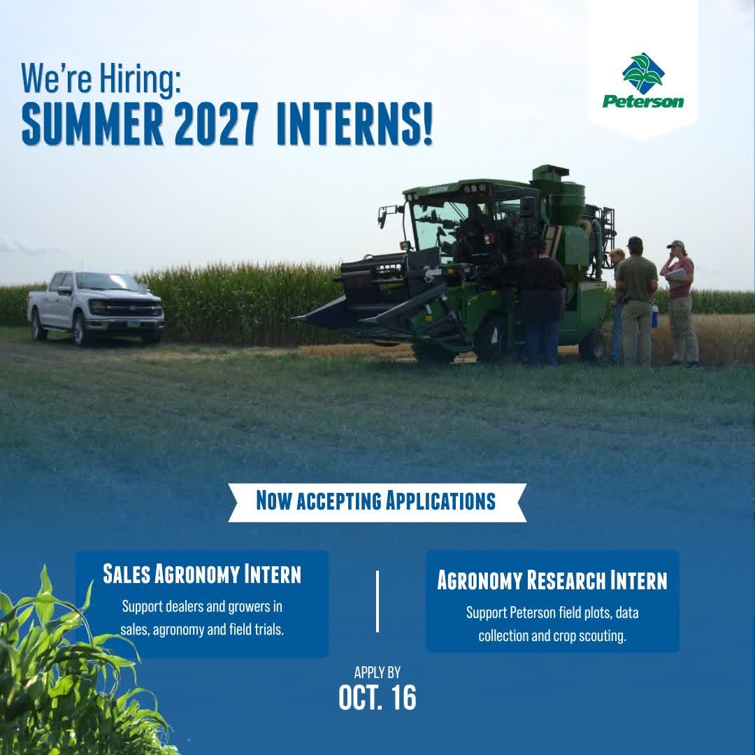 PFSeed's tweet photo. FROM CLASSROOM TO FIELD | 🌱 Grow your future in ag! Peterson is hiring Summer 2027 Sales Agronomy and Agronomy Research Interns.
Apply by Oct. 16: https://t.co/XeqO8lkure
Know a student who'd be a great fit? Share this! https://t.co/2l7Px4cfx3