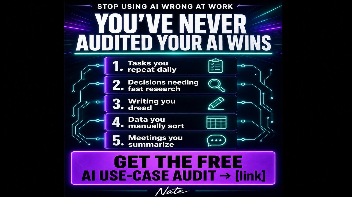 LawtonSolution's tweet photo. You're probably using AI wrong at work.

Not because you're bad at it.

Because you never audited where it actually fits.

5 prompts. 5 entry points you already have.

No setup. No guessing.

Get the full audit sheet: [link] https://t.co/TwliY7RXq3