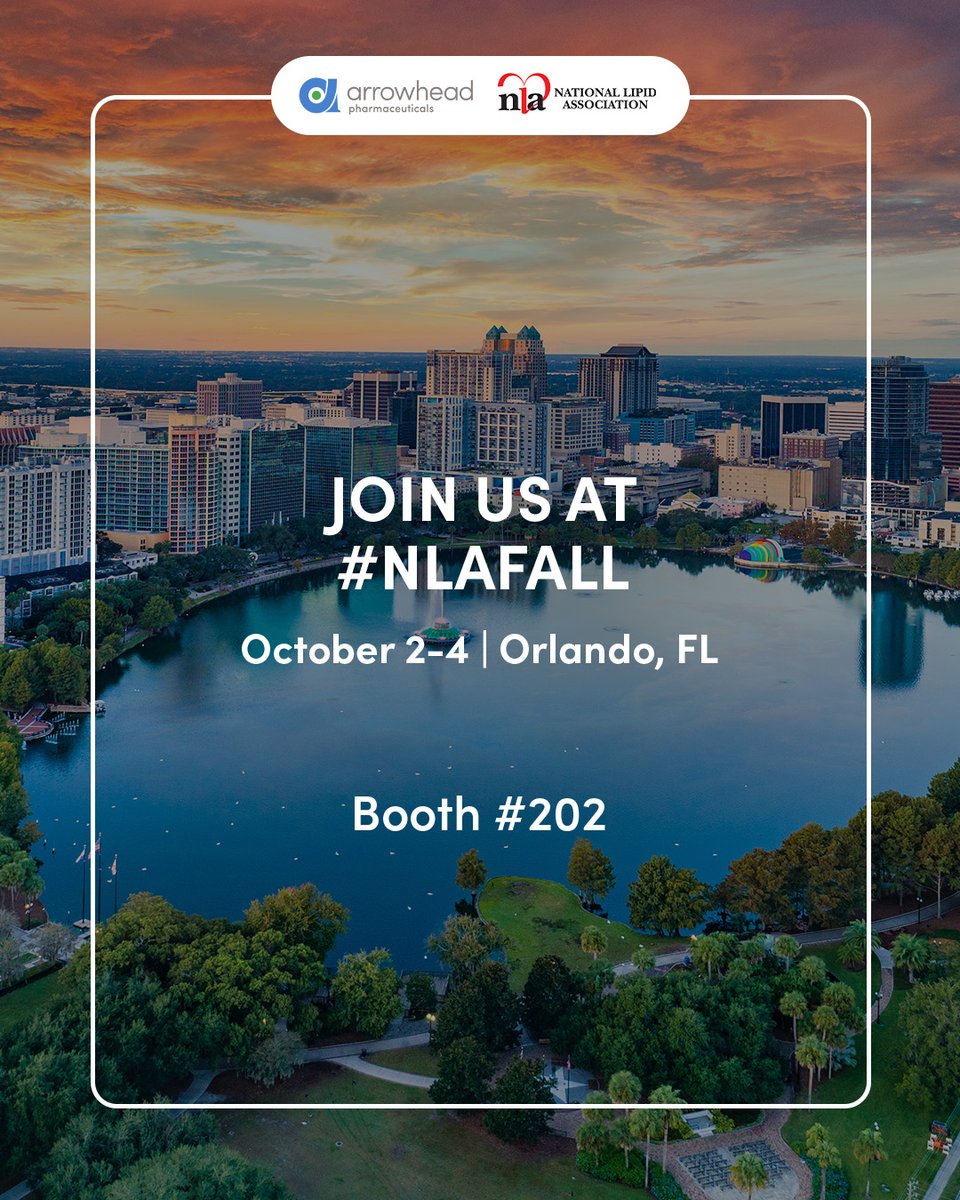 ArrowheadPharma's tweet photo. Weβre in Orlando through October 4 for #NLAFall. Our teams are excited to share the latest in our cardiometabolic advances at Booth 202. https://t.co/0LrYooMbF7