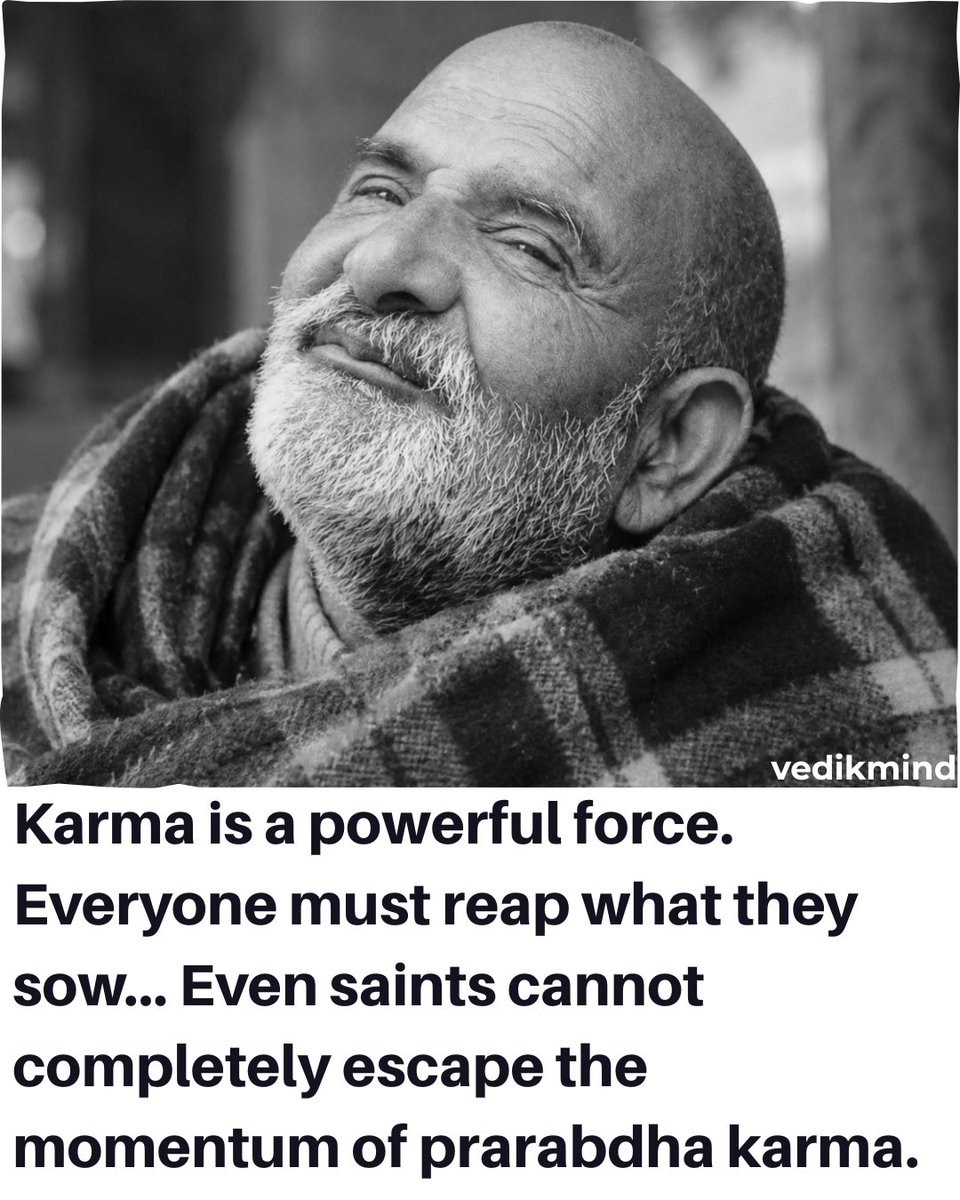 vedikmind's tweet photo. Neem Karoli Baba reminds us that karma is not simply a system of punishment and reward.

Every action creates consequences and what we sow eventually bears fruit.

Even when we turn towards spiritual life, some past karma, known as Prarabdha, must still unfold.

The purpose is not to fear karma, but to become more conscious of how we live, act, and respond today.

#NeemKaroli #Karma #PrarabdhaKarma #SpiritualGrowth #SpiritualWisdom