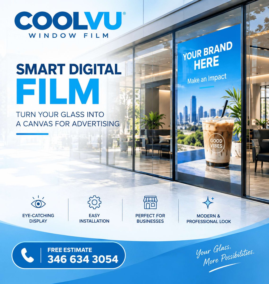 CoolVu_Houston's tweet photo. Make your storefront work harder with CoolVu Smart Digital Film. Transform glass surfaces into eye-catching displays for your brand, promotions, products, and business messaging—without taking away from your modern look.

📞 Free Estimate: 346-634-3054

#CoolVu https://t.co/9DnjkzsNUK