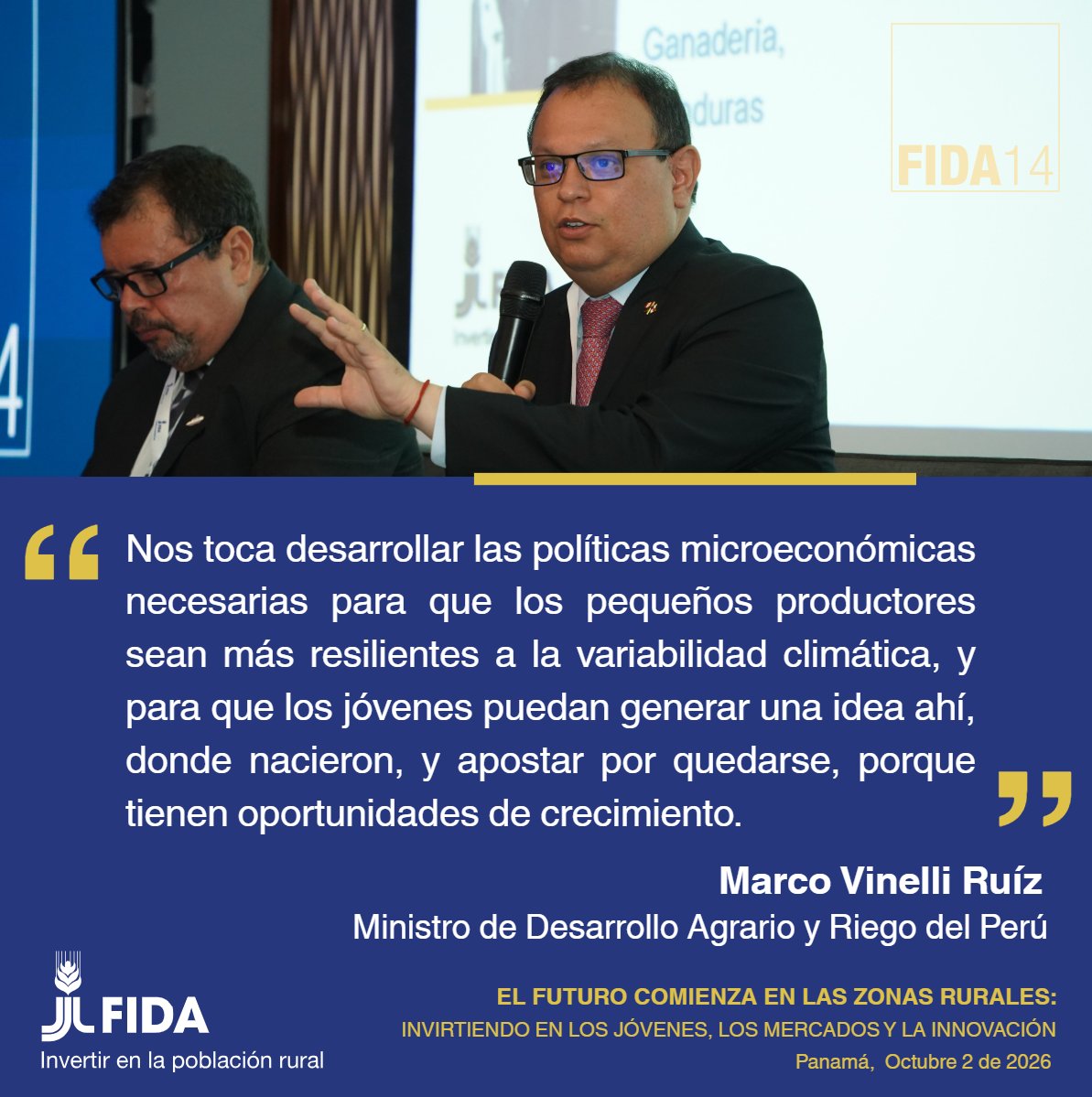 FIDA_LAC's tweet photo. 🇵🇪En #Panamá, el ministro de @midagriperu, Marco Vinelli, participó hoy en el diálogo de alto nivel "La próxima generación del crecimiento rural" en el encuentro de @FIDA_LAC "El futuro comienza en las zonas rurales". (1/2)

Conoce más sobre el encuentro: https://t.co/Xs151QdI2z https://t.co/2DOvWa1U6B