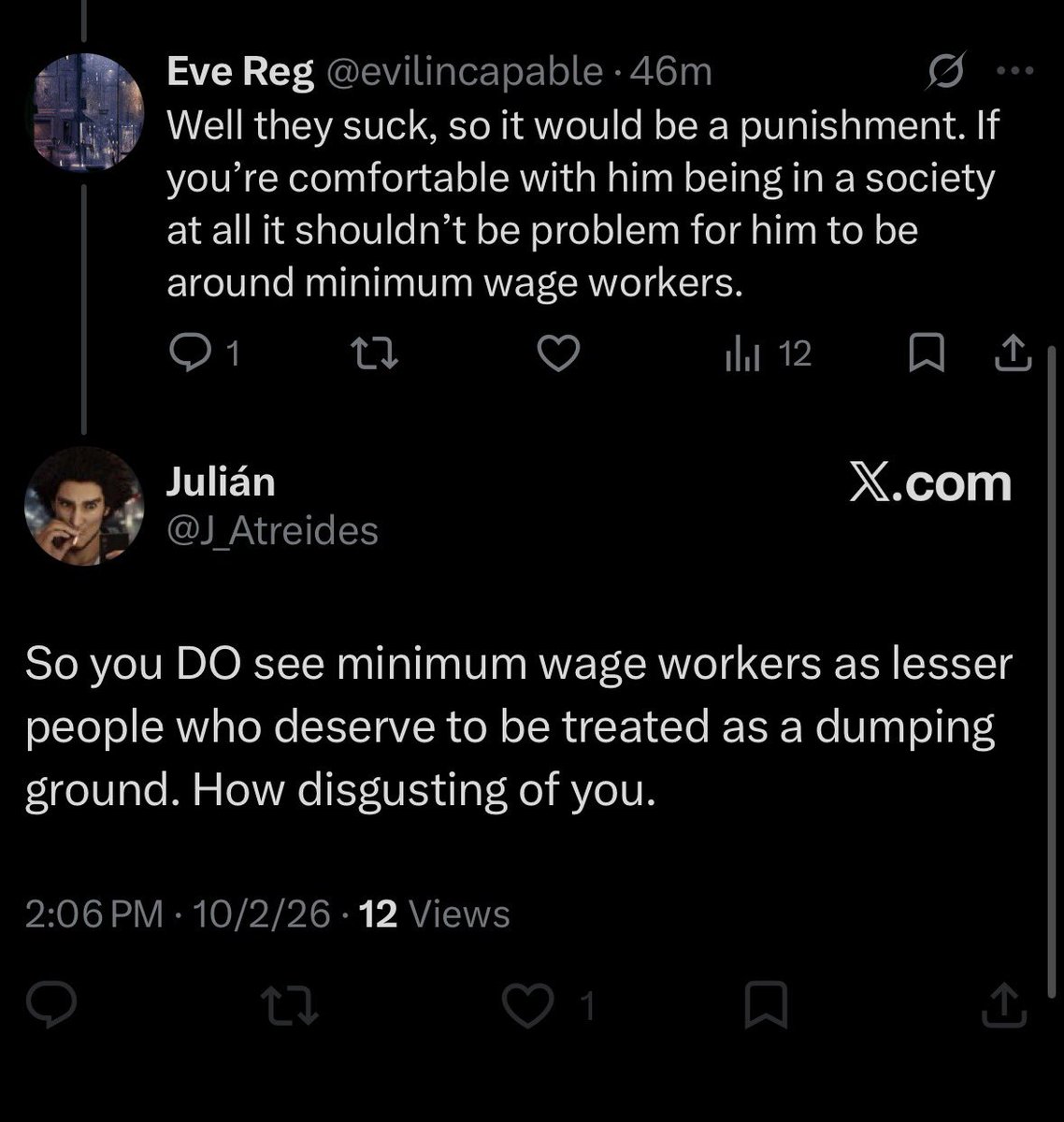 evilincapable's tweet photo. @J_Atreides @onlyTrueJason @AOrangeboiiiii @Jook061 @weakcorvid They aren’t lesser of course. Getting paid a minimum wage sucks and its a punishment for someone with a wealthier career. If you don’t have a problem with him existing in society in general, why would him working at a min wage job be “dumping” him onto anyone https://t.co/dqYwPwykFZ