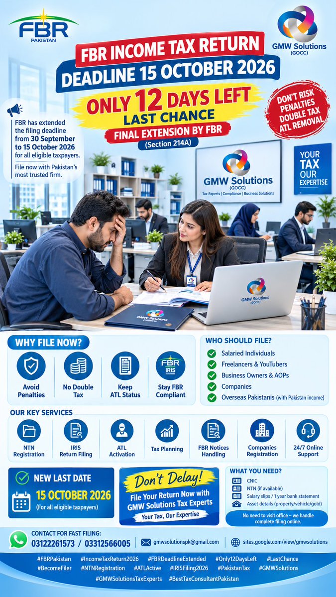 gmwsolutionspk's tweet photo. ⚠️FBR 2026 Last Date 15 Oct! No Extension. Non-Filer=Double Tax+ATL Out+Notice. File Now! GMW:03122261573
#FBR #TaxReturn2026 #ATL #NonFiler #Pakistan https://t.co/dALGfjt9mj