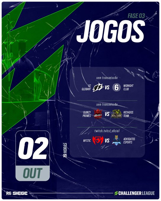 A Challenger League promotional graphic for "FASE 03 JOGOS" (Phase 3 Matches) on October 2nd, featuring a "R6 SIEGE" match schedule with three pairings: GZ GLOXBAT vs. 6 MIDNIGHT CLUB, QUINCY PROMES vs. KICXADOS TEAM, and MYSTIC vs. ADVOGATOS ESPORTS, all marked "sem transmissão" (no broadcast). The image directly ties to the post about the final matches of Phase 3 happening tonight.