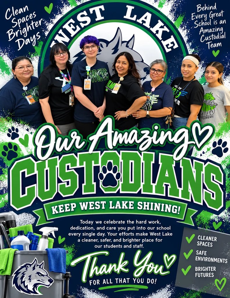 HumbleISD_WLMS's tweet photo. Happy Custodian Day! 🧹✨ Thank you to our amazing custodial team for keeping West Lake Middle School clean and shining bright! We appreciate all you do for our Wolf Family each day! 🐺💙 #CustodianDay #WestLakeMiddle https://t.co/s8GFq9Doq1
