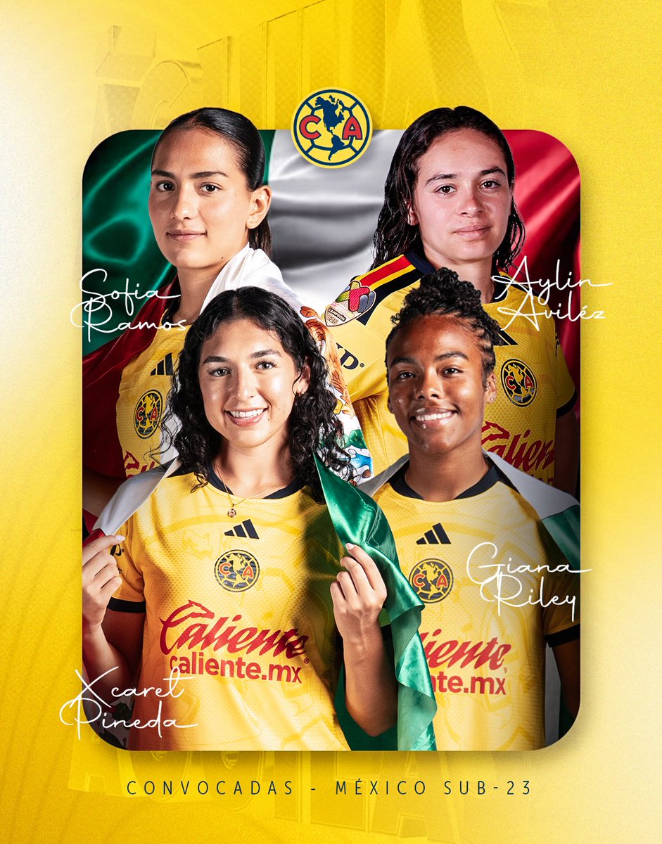 AmericaFemenil's tweet photo. Sofía Ramos, Aylín Aviléz, Xcaret Pineda y Giana Riley han sido convocadas con la Selección Nacional Femenil Sub-23. 🇲🇽

¡Mucho éxito, Águilas! A dejarlo todo. 🦅💛💙

#TeHaceFaltaVerMásFútbolFemenil https://t.co/31QvModdfv