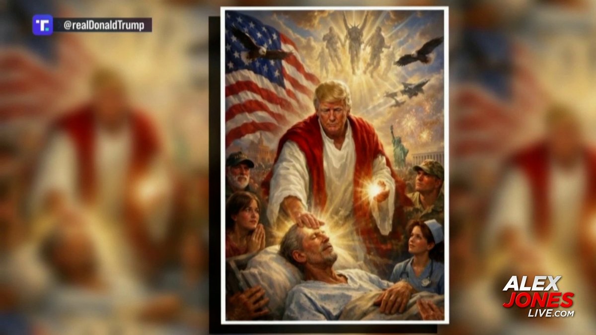 The image shows a framed painting depicting Donald Trump in a messianic pose, reaching down to touch the forehead of a sick man in a hospital bed while surrounded by a diverse group of onlookers, the American flag, military aircraft, and religious imagery reminiscent of classical Renaissance art. The post is from Alex Jones Live, with Trump's Truth Social handle "@realDonaldTrump" visible in the top left, suggesting the artwork was shared by Trump himself to accompany Pastor Drew Hernandez's claim about Trump's "Messianic Complex."