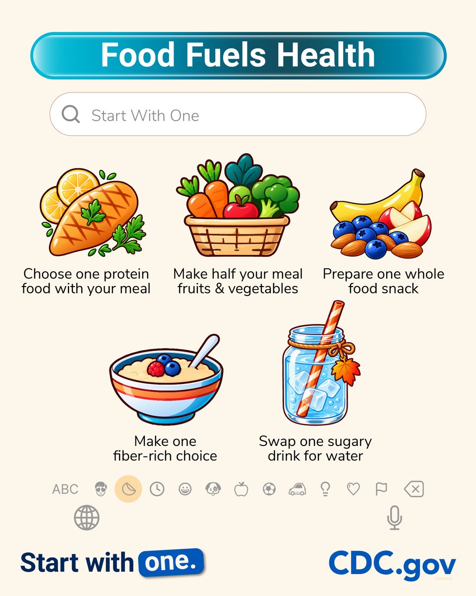 CDCgov's tweet photo. New season, new emoji sticker pack! This fall, we’re keeping healthy eating simple. Start by making just one of these healthy choices:

🍂 Choose a high-quality, nutrient-dense protein food for your meal
🍂 Make half your meal fruits and vegetables
🍂 Prepare a whole food snack
🍂 Make a fiber-rich choice
🍂 Swap one sugary drink for water.

You don’t have to overhaul your whole diet today. Just start with one healthy step and build over time.
Save these stickers and use them to celebrate your one small step, whatever it is. Screenshot the emojis, then hold down + tap “add sticker” to save!
#StartWithOne #EatRealFood #CozySeasonCheckIn