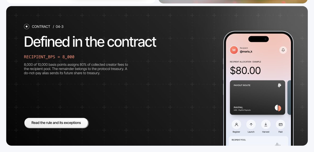 Behalfmoney's tweet photo. RECIPIENT_BPS = 8_000. The 80/20 split isn't a promise, it's a constant in the contract. https://t.co/Zis9C3u1AA