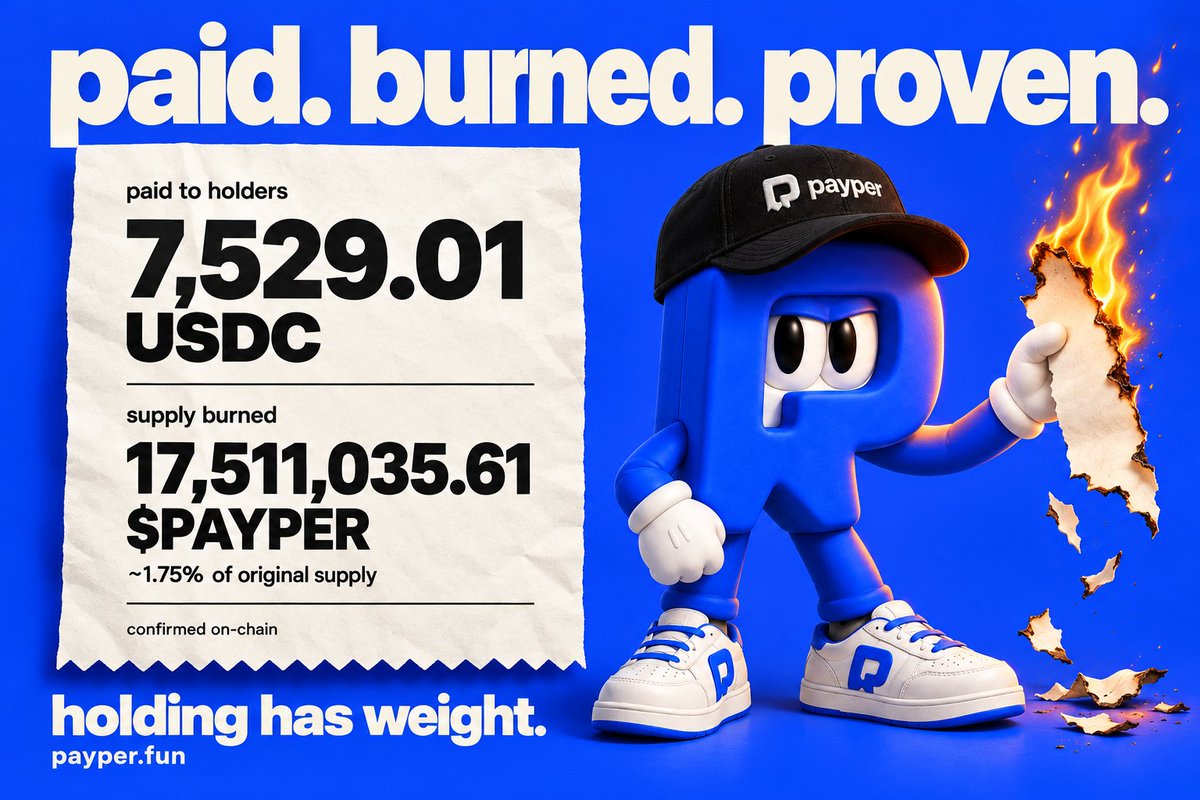 payperfun's tweet photo. payper holders got paid. supply got cooked. 🔥

7,529.01 USDC paid to payper profiles.

17,511,035.61 solana:B5bKnQXYr2NtkSY7PBVT5LnSx2fLgdrtPWYvjZKJAPAY burned. ~1.75% of the original supply. gone.

holding has weight. hiding doesn't.

burn proof ↓
https://t.co/XuSfg1zIGj https://t.co/7zzINX0s4T
