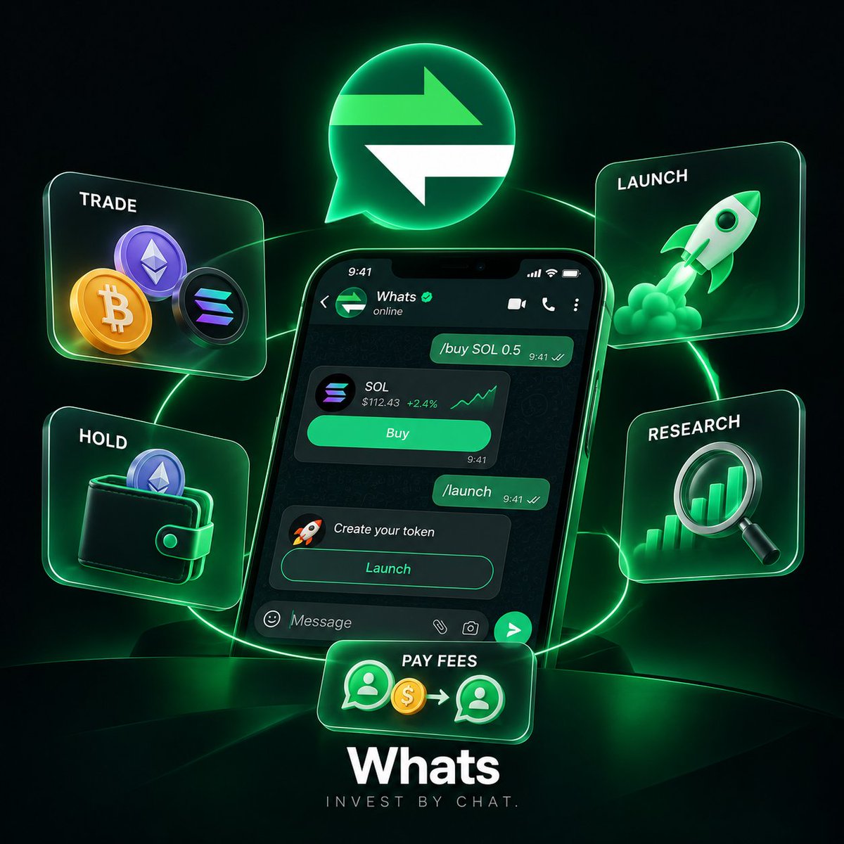 WhatsBotRH's tweet photo. At Whats, we don't just want to build a trading bot.

We want to build a full-fledged ecosystem around the world's most used social media.

You can buy, sell and hold crypto, but you'll also be able to launch tokens directly through WhatsApp, redirect fees to another WhatsApp user, research any token and much more.

Whats. Invest by chat.
