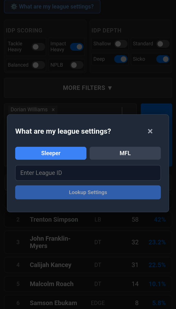 IDPTradeDB's tweet photo. Not sure how the site categorizes your #FFIDP #FantasyFootball league? Let's make it easier. Every tool now has its own "What are my league settings" button. Just select MFL or Sleeper, enter your league ID, and let it recommend filters for you! 

https://t.co/E9QpvHTuNG https://t.co/9oMs2bhxLs