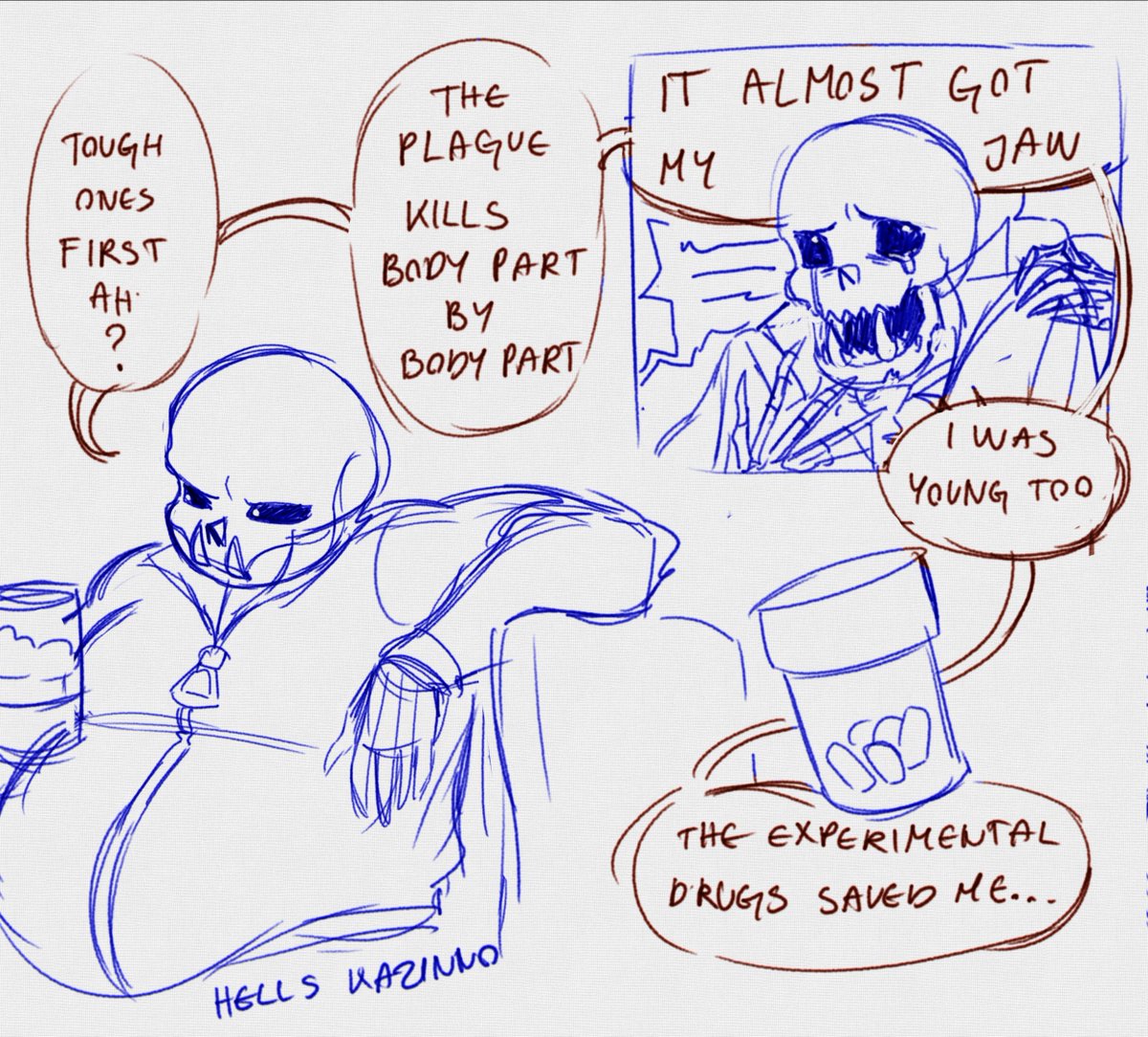 Hells_Archive's tweet photo. Plague used to be a pretty regular skeleton, didn't have any weird colors or weird squishy body.

He was the first to figure out something was wrong, noticing an awful "dryness" on others. No one believed him except Gaster.

The tusks are genetic though

#OCSansPolls2026 https://t.co/RmEj2ogNic