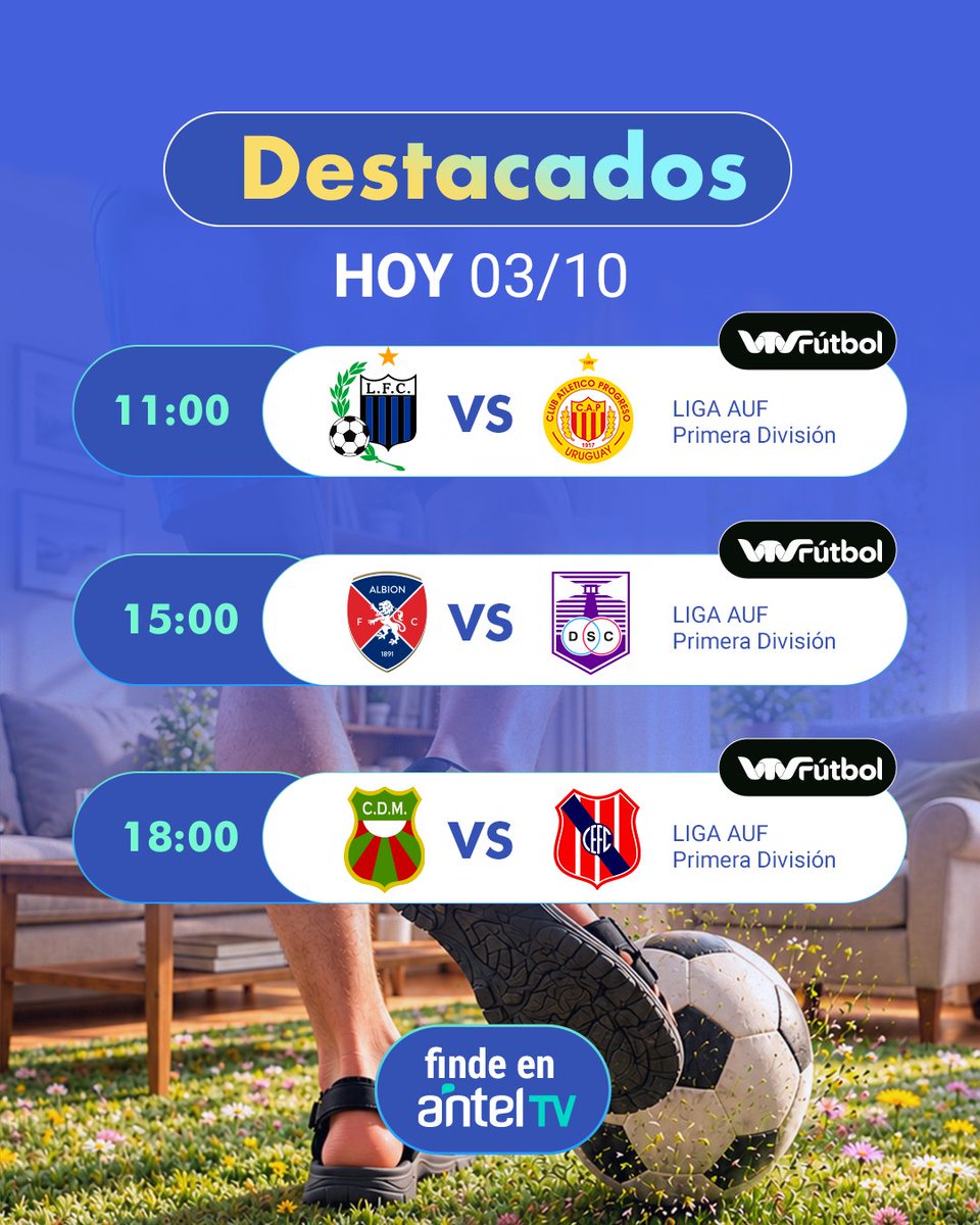 antel_tv's tweet photo. Sábado de puro fútbol uruguayo
La 9ª fecha del Torneo Clausura arranca en la mañana y se extiende hasta la tarde-noche, con enfrentamientos entre equipos que llegan con distintos objetivos en el torneo.
Una jornada para seguir todo lo que pasa, desde el primer partido hasta el último. 👀
Activá VTV Fútbol desde MiAntel y disfrutá los partidos en la app de AntelTV o en https://t.co/l0mUK69iOf.
Disponible para clientes con Plan Internet Hogar desde $1.650 por mes.
Hay cosas que solo se ven acá