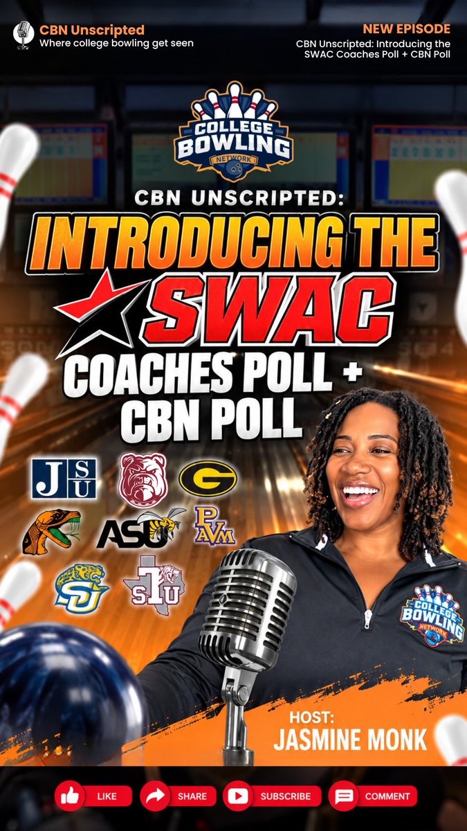 collegebowling's tweet photo. 🎙️ The SWAC polls are out! Now let’s talk about them.

Jasmine breaks down the SWAC Preseason Coaches Poll, CBN SWAC Preseason Poll, why there are two, and how each was created.

🎥 Watch CBN Unscripted: https://t.co/SEO9uOsecQ

What do you think? 👀

#SWACBowling #CBNUnscripted https://t.co/38VfHO59KW