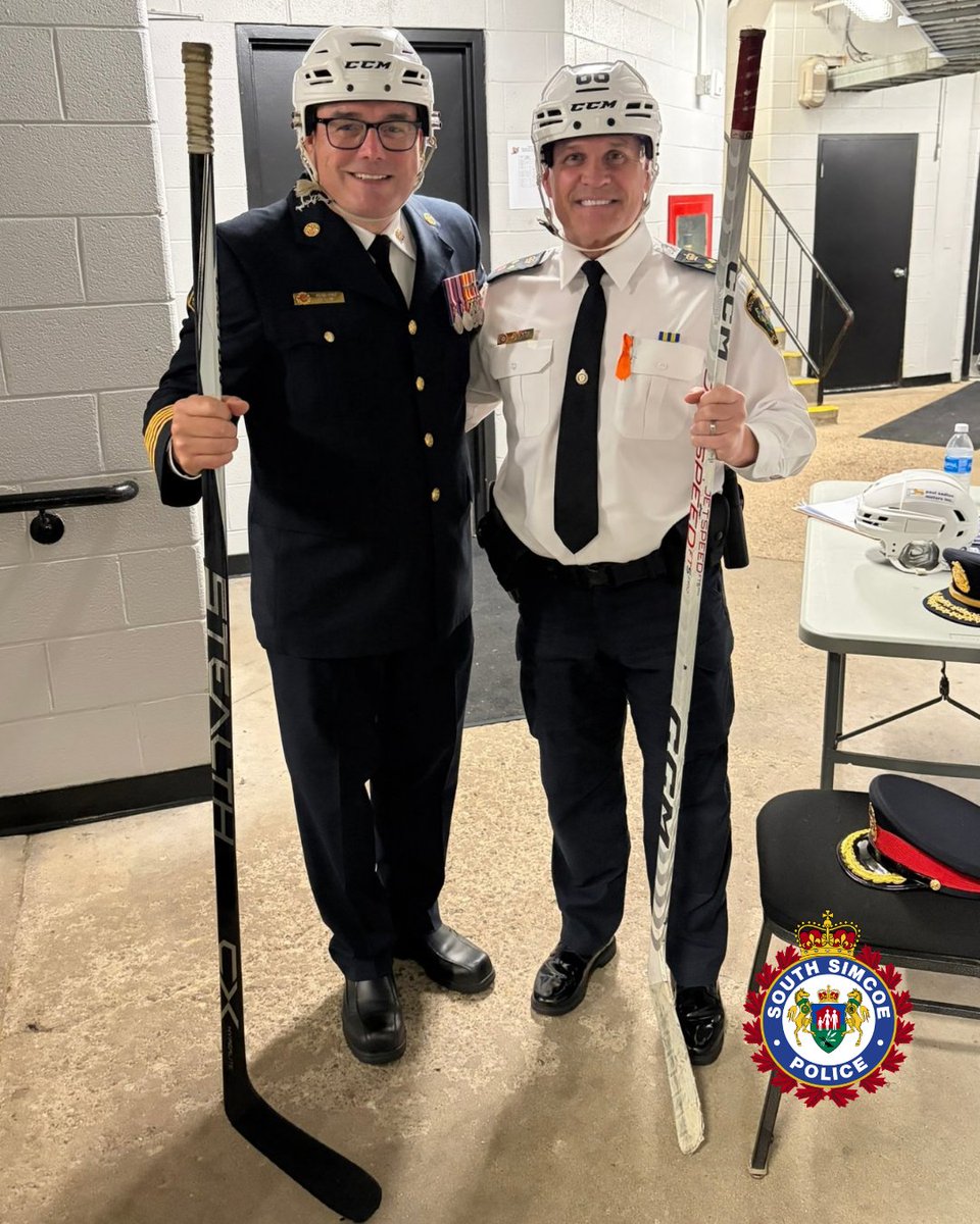 SouthSimcoePS's tweet photo. EVIDENCE IS IN! Deputy Chief Landry was briefly declared the 8-7 winner over @Barrie_Fire Captain White at @OHLBarrieColts First Responders Appreciation game shootout. Further investigation confirmed a 17-8 win for Fire. Case closed - until the rematch! Thanks for a great night! https://t.co/mQCYLx4AcM