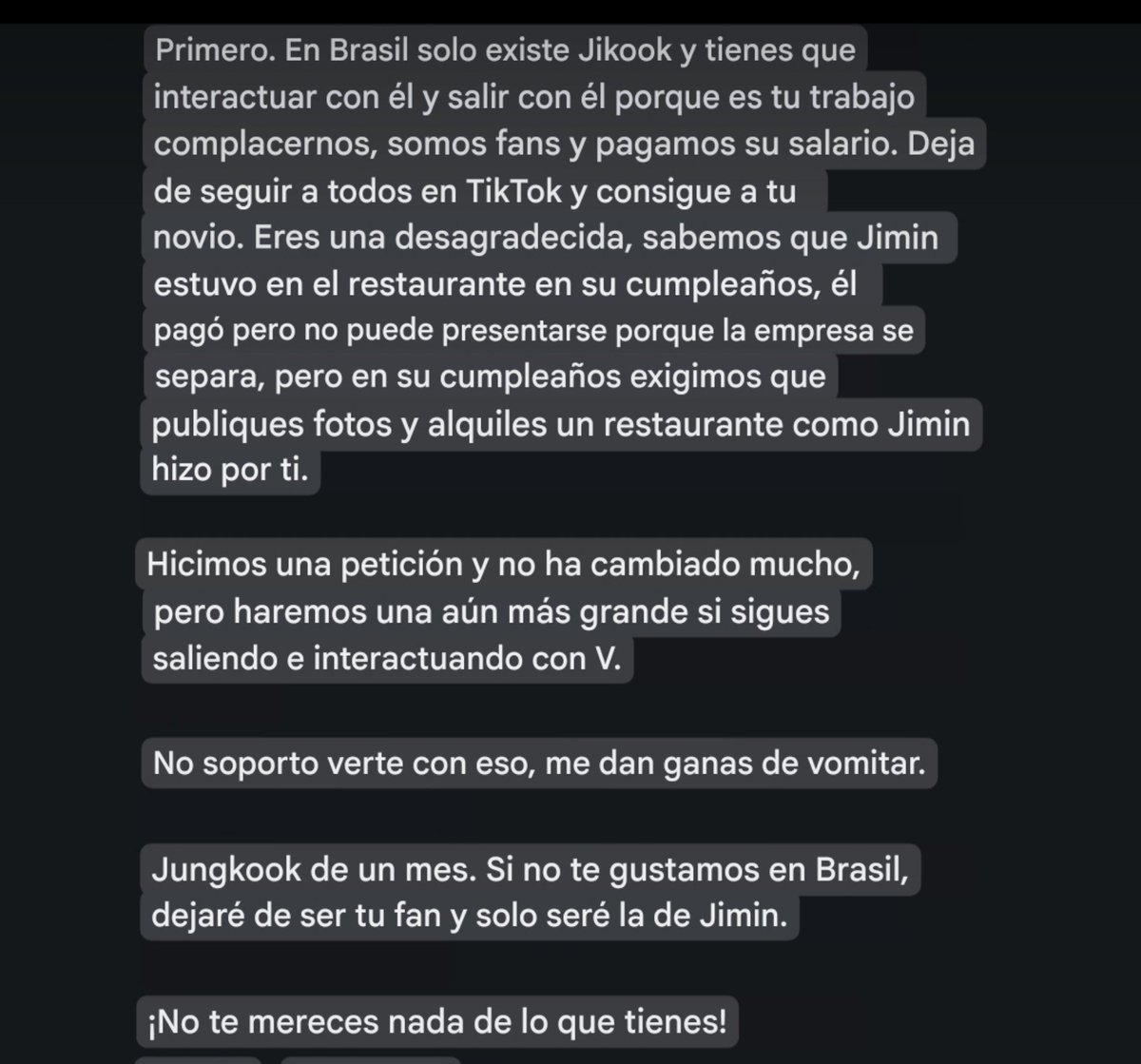 magtk_'s tweet photo. Qué es esto, a qué nivel de demencia, locura, fantasía llega esta gente. Me tienen que estar jodiendo en serio, este tipo de imbéciles no solo amenazan a Th sino que, no bastándoles, van detrás de Jk exigiéndole cosas y si no lo hace prosiguen las amenazas. https://t.co/t8IV7RsLTZ