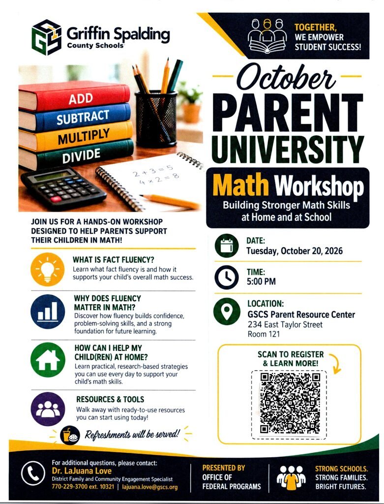 CrescentElement's tweet photo. GSCS October Parent University Math Workshop is on Tuesday, Oct. 20th.  Build stronger math skills at home and at school! Scan the QR code to register. https://t.co/EpMiAtnJOa