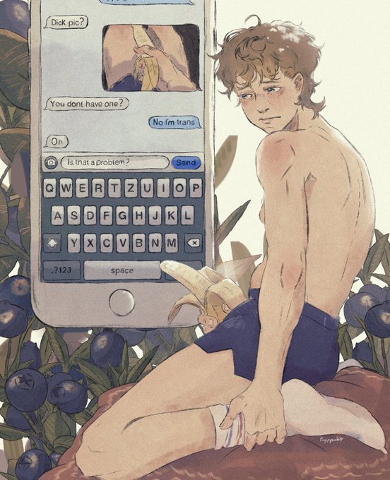 A shirtless young man sits among blueberry bushes, partially eating a banana while holding his phone, which displays a text conversation with messages like "Dick pic?", "You dont have one?", "No im trans", "Oh", and "Is that a problem?"—illustrating the artist's unfinished sexting-themed series.