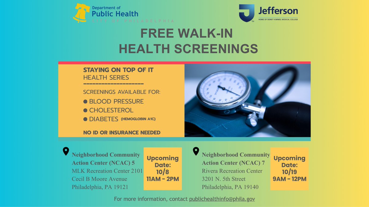 PHLPublicHealth's tweet photo. Free health screenings are available this month at the Neighborhood Community Action Centers! https://t.co/k69jBwhQrA