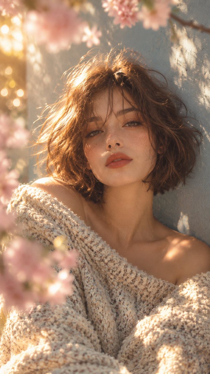 Tanvir48992's tweet photo. Golden light, soft blooms, and a little magic. 🌸✨

prompt:

Soft, dreamy editorial portrait of a fictional young woman with a short, tousled auburn-brown bob, wispy bangs falling across her forehead, and loose flyaway strands lit by golden sunlight. Her head is tilted slightly, with a calm, serene, slightly sultry gaze toward the camera, dark defined brows, and a small delicate septum ring. Glowing, sun-kissed skin with warm peachy tones, natural minimal makeup, and full lips in a muted rosy-terracotta shade. She wears an oversized chunky knit sweater in cream and oatmeal with a nubby, boucle-like texture, one shoulder slightly slipping, with dappled sunlight patches across the fabric. Blurred pale pink blossoms drift in the foreground at the top and left edges, creating a dreamy frame. She leans against a soft muted blue-gray wall with gentle light bokeh circles glowing in the background.

Lighting and tone:

warm golden-hour window light streaming from the upper left, soft dappled shadows across the face and sweater, gentle backlit glow on the hair, light leaking across the frame, warm highlights with slightly lifted shadows, airy and romantic atmosphere

Style keywords:

fine art portrait photography, soft-focus dreamy aesthetic, cinematic natural light, film-like color grading, pastel palette of peach, blush pink, cream, and dusty blue-gray, shallow depth of field, creamy bokeh, subtle film grain, Kodak Portra 400, editorial lifestyle photography, intimate and ethereal mood, Pinterest-style aesthetic

Composition and camera:

vertical 9:16 composition, medium close-up portrait from the chest up, slightly high angle, subject centered with the face in the upper third, out-of-focus pink flowers framing the corners, shot on an 85mm lens at f/1.8, shallow depth of field, negative space in the soft wall background
