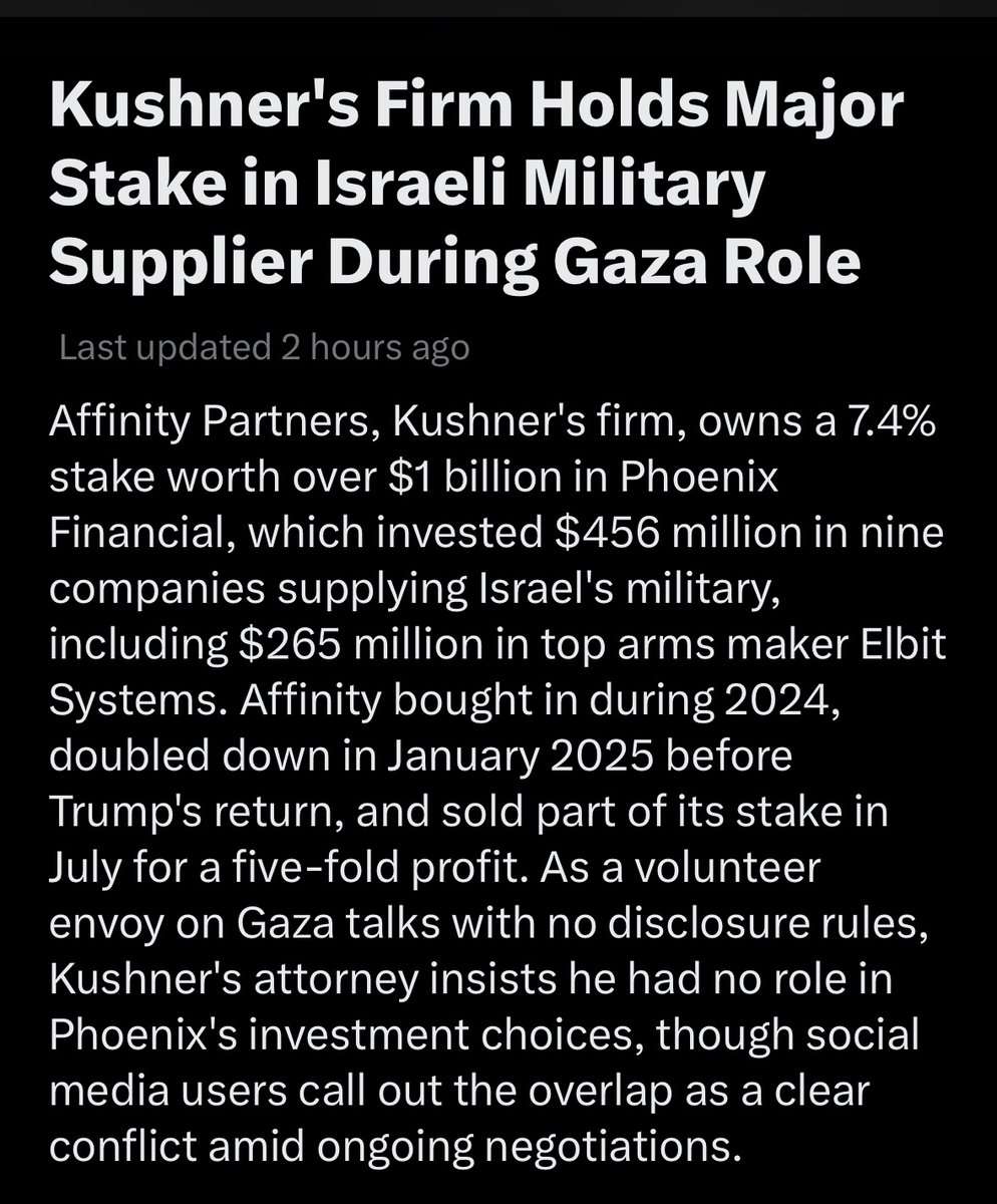 WDE_mama's tweet photo. @jaredkushner Every peace negotiation you attend, results in more bombs and death. It’s almost like you are profiting from these wars…🧐 https://t.co/Lcp28DAzSb