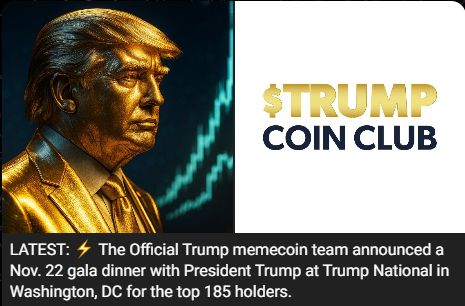 Third $TRUMP dinner just dropped 🍽️ — Nov. 22 gala with President Trump at Trump National for the top 185 holders. Time-weighted leaderboard live since Sept 30