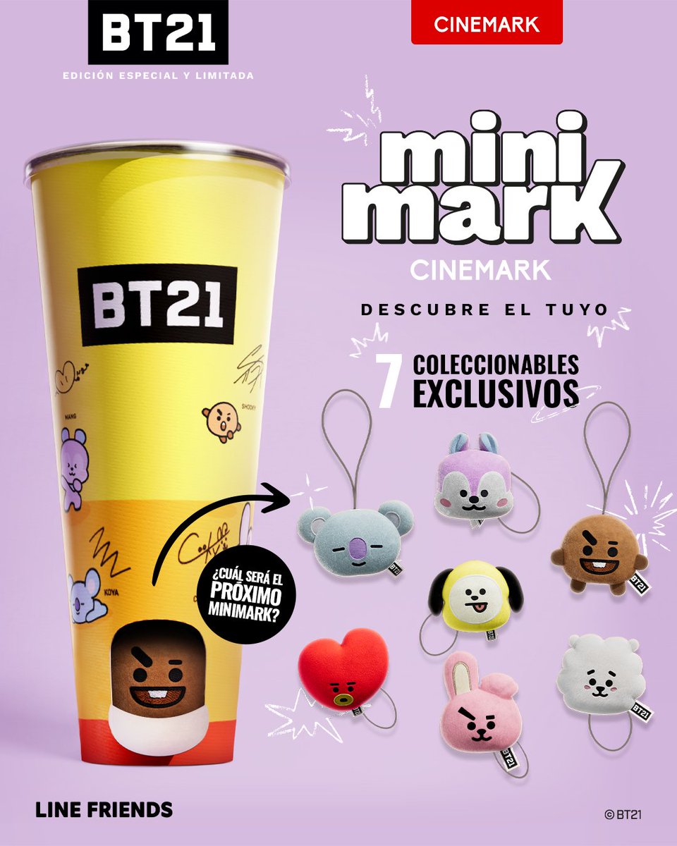 Cinemark_ar's tweet photo. ¡Minimark BT21 LLEGÓ A CINEMARK! 

KOYA, RJ, SHOOKY, MANG, CHIMMY, TATA &amp; COOKY
¡7 personajes coleccionables que no te podés perder! 

Incluye 1 Vaso de gaseosa  + 1 Minimark BT21 

Con Club Cinemark disfrutá de un precio exclusivo solo para vos! 

¿Cuál es tu favorito?