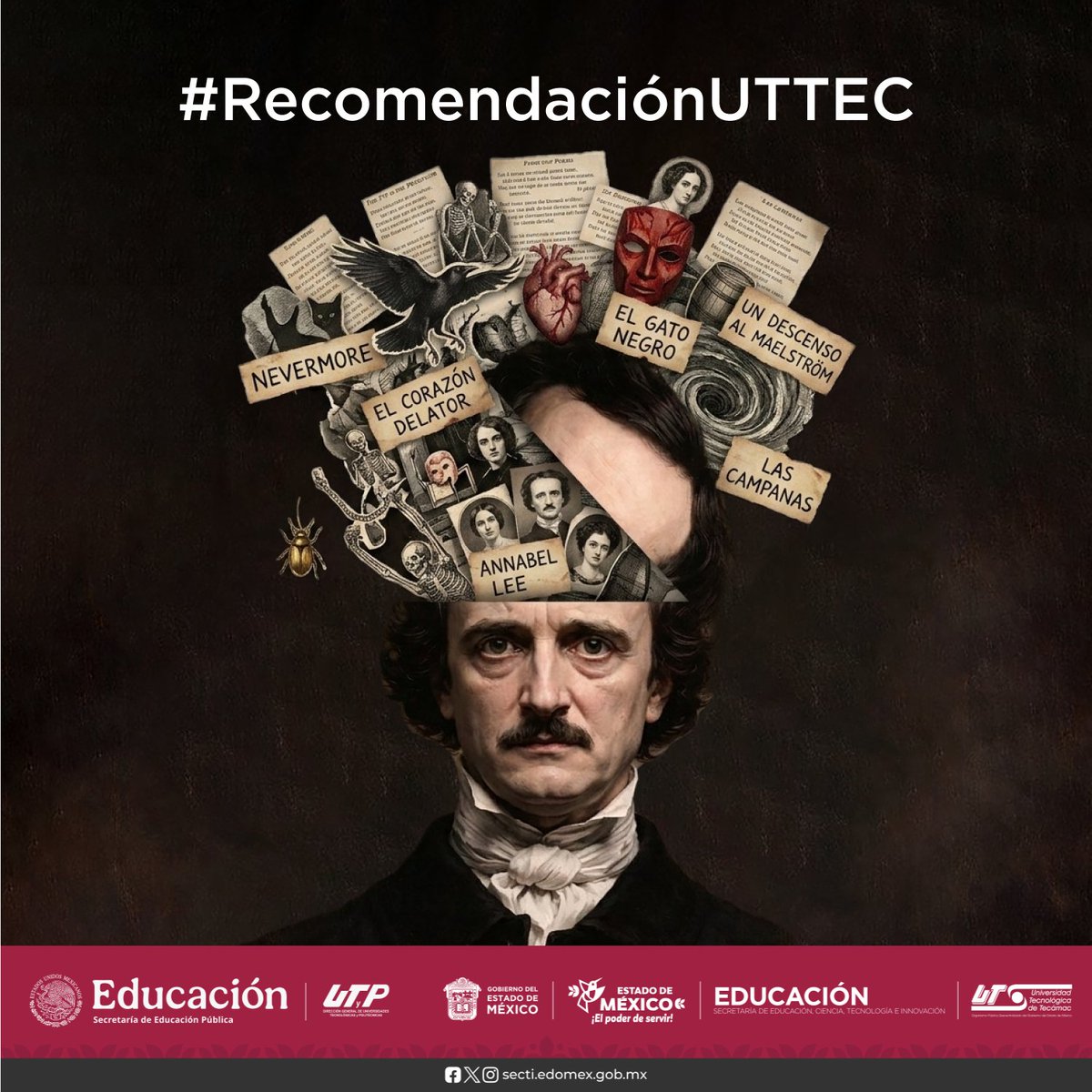 UTTECoficial's tweet photo. 🖋️🖤 Misterio, obsesión y un “Nevermore” imposible de olvidar.
Nuestra #RecomendaciónUTTEC es #EdgarAllanPoe y sus relatos: El corazón delator, El gato negro, El descenso al Maelström y más. 👁️📚
¿Cuál leerías primero, #Lechuzo? 🦉 #LecturaUTTEC #OrgulloUTTEC #Lechuzos #UTTEC https://t.co/wJXLjIqDai