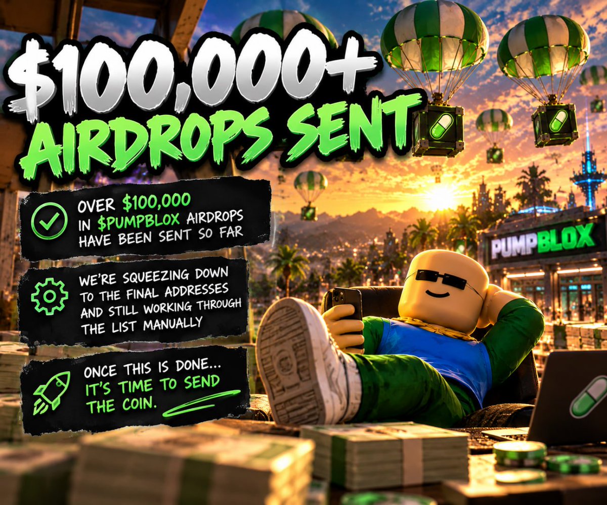 PumpBloxonsol's tweet photo. Airdrop update 🪂

We’ve officially sent out over $100,000 in airdrops so far. We’re squeezing down to the final addresses now and still going through everything manually. If you’re still waiting, hang tight — we’re getting through the last of them. Once the airdrops are wrapped up, it’s time to send the coin. Almost their boys. Appreciate everyone who’s been patient with us 🤝