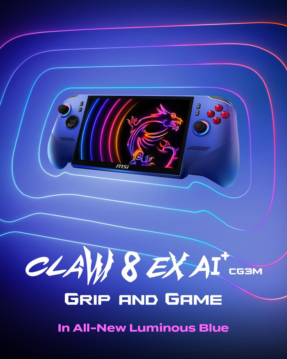 MSI__UK's tweet photo. Meet the Claw 8 EX AI+ CG3M: powered by the Intel® Arc™ G3 processor and finished in the all-new Luminous Blue. Built with the same ergonomic design, it delivers smooth gameplay and a seamless software experience wherever you go.

https://t.co/Ue9Ba38Nkp 

#MSIClaw #HandheldPC https://t.co/LoaBTaD8PG