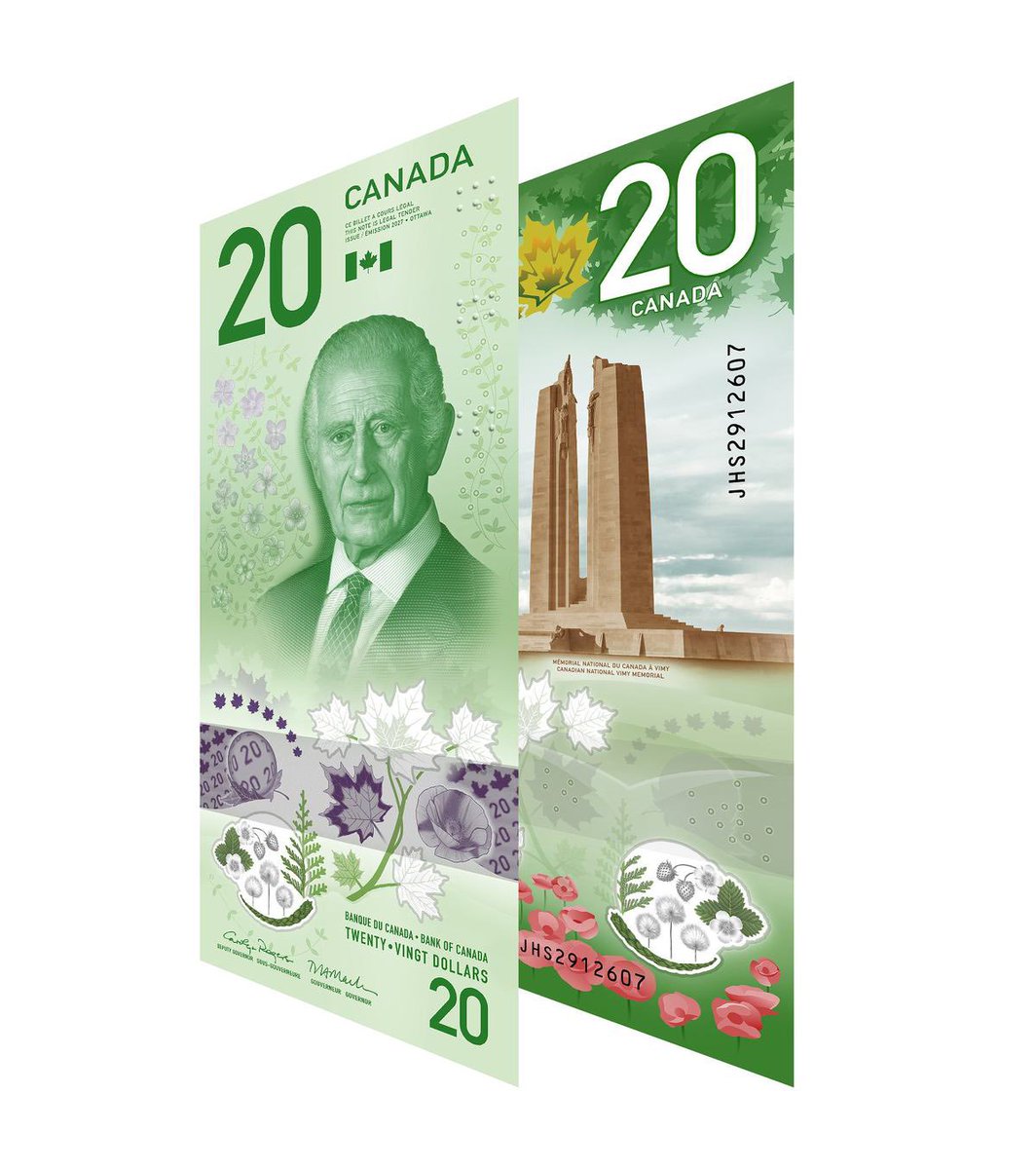 sarahdiaryz's tweet photo. The new official portrait of His Majesty King Charles III in his role as King of Canada, taken by Andrew Parsons at Buckingham Palace, features on the latest Canadian $20 banknote alongside the Canadian National Vimy Memorial. 🇨🇦 https://t.co/C2AJRGnJuO