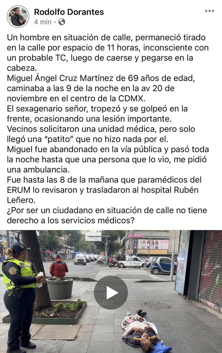 Rodolfodorantes's tweet photo. ¡Así los servicios de emergencia de @ClaraBrugadaM  en la #CDMX!
Un hombre se cayó a las 9 de la noche de ayer, mientras caminaba, se pegó en la cabeza y quedó inconsciente con probable TC. 
¡La ambulancia llegó hasta las 8 de la mañana de hoy! https://t.co/EMSWNDOrwU