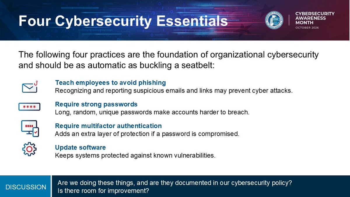 GoNIS_US's tweet photo. 🔐 Where does better 4cybersecurity begin? Start with CISA’s 4 cybersecurity essentials:
🔄 Update software
🔑 Use strong passwords
🛡️ Turn on MFA
🎣 Recognize & report phishing
4 simple steps-a stronger security foundation.
#CybersecurityAwarenessMonth #SecureOurWorld #GoNIS https://t.co/lLOsSBe6F6