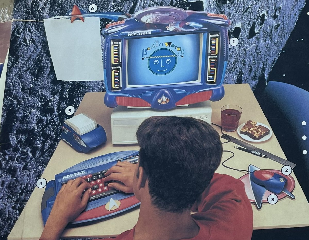 RetroFox8Bit's tweet photo. Flea Market Friday - saw a Star Trek TNG themed CRT mask thing. The funny part is on the back is an ad to collect all the various desk accessories to just completely nerd out your computer desk. :) Didn't ask price on the mask, just fun to see. https://t.co/HXqKWJbvMT