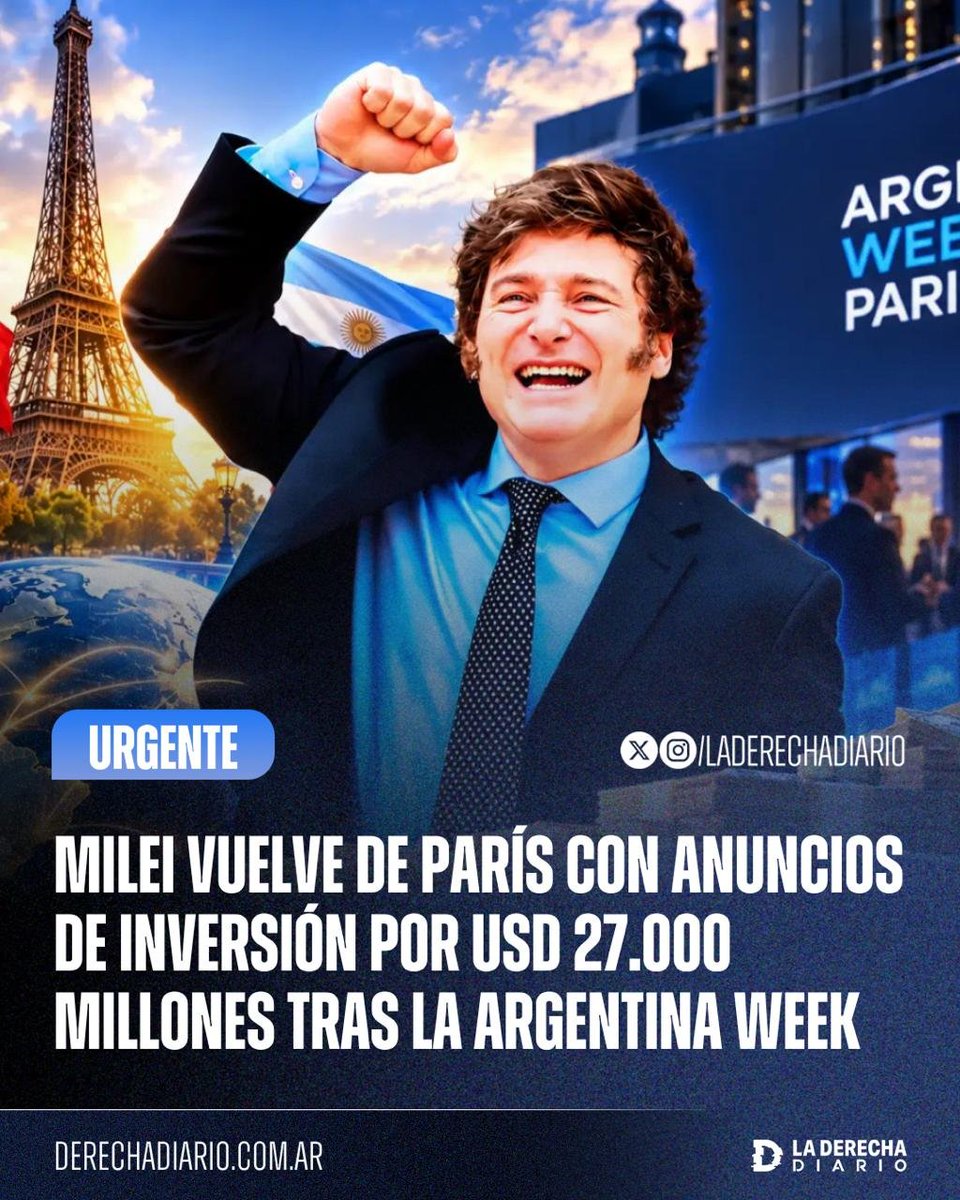 laderechadiario's tweet photo. 🚨🇦🇷🇫🇷 | MILEI VUELVE DE PARÍS CON ANUNCIOS DE INVERSIÓN POR USD 27.000 MILLONES TRAS LA ARGENTINA WEEK

La Argentina Week en París cerró con anuncios de inversión por USD 27.000 millones, principalmente en energía, hidrocarburos y minería. Entre los mayores proyectos figuran USD 10.000 millones de TotalEnergies, un RIGI por USD 12.400 millones para Pluspetrol y USD 4.000 millones de Glencore para Agua Rica.

También se anunciaron USD 1.200 millones de Pan American Energy y SNF en Chubut, USD 350 millones de Eramet para ampliar su proyecto de litio en Salta y la instalación del hub regional de Hitachi en la Argentina, que sumará 2.000 puestos de trabajo.

El embajador argentino en Francia, Ian Sielecki, atribuyó los anuncios a “la seriedad macroeconómica y el magnetismo mundial del presidente”. Según el balance presentado, la edición de París duplicó en anuncios de proyectos a la Argentina Week realizada anteriormente en Nueva York.