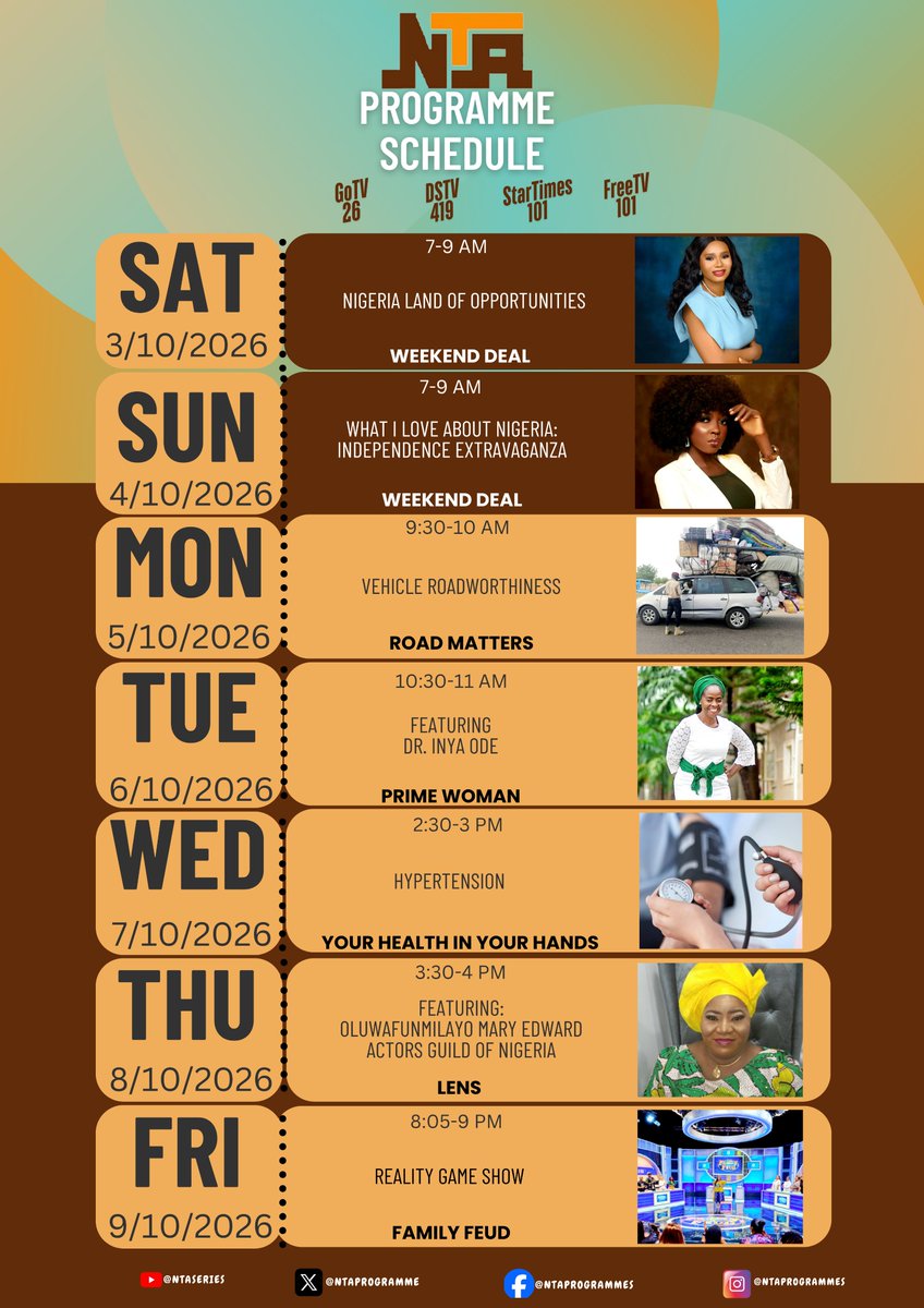 NTAProgramme's tweet photo. Notice of Forthcoming Programme Schedule on the NTA Network Service (3rd October to 9th October 2026). 

We invite you to stay tuned. #NTANetwork https://t.co/6NwFTqHMns
