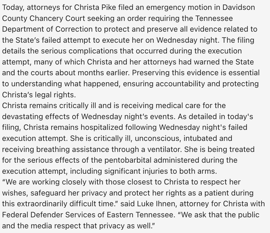 BrianEntin's tweet photo. New statement from Christa Pike's attorneys.
She is unconscious, intubated, and on a ventilator. https://t.co/AxuHy0U1b7