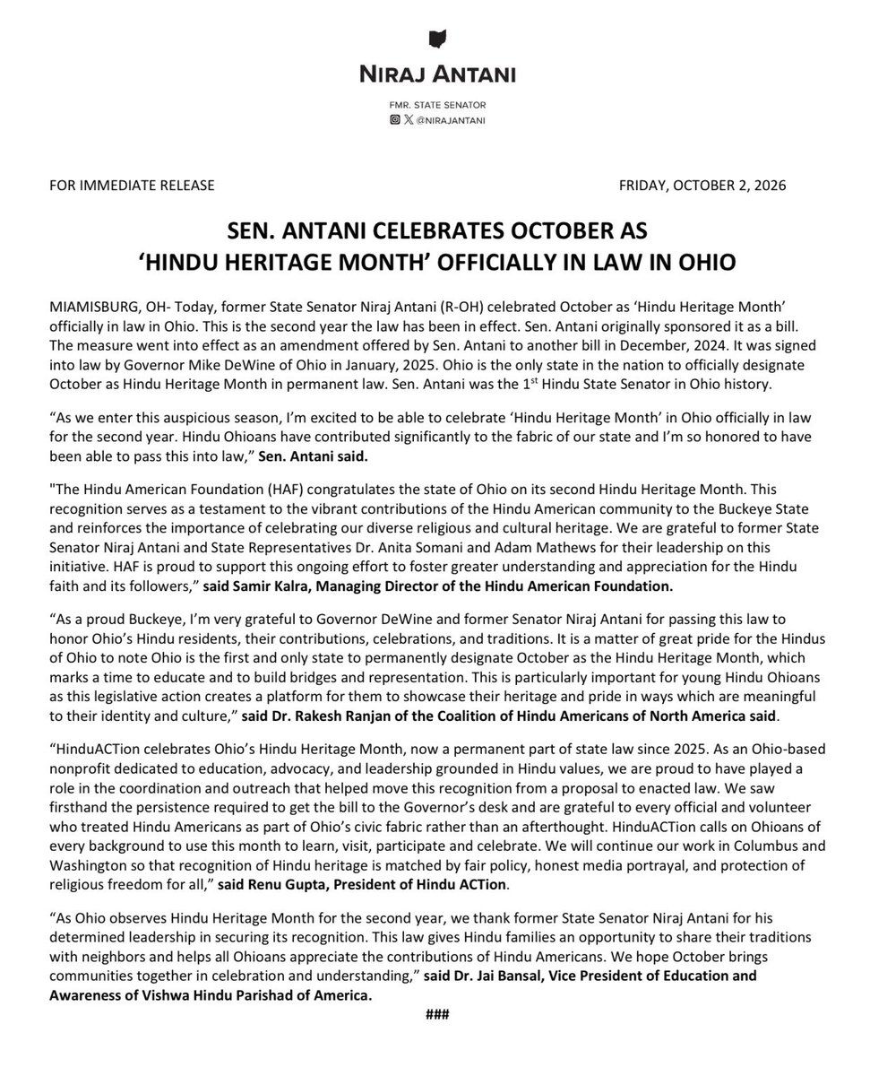 NirajAntani's tweet photo. As the 1st Hindu State Senator in Ohio history, I’m excited to celebrate October as Hindu Heritage Month! I was honored to be able to pass this into law, making Ohio the only state in the nation with this in permanent law. Hindus in Ohio are an integral part of the fabric of our beautiful state! READ: