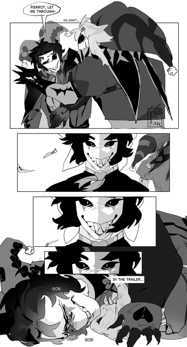ProductionRoxy's tweet photo. HARLEQUIN'S PET COMIC (WARNING - SPOILER !!!)

Check the comic out on Destinysquared's tumblr !!!!

Thank you the rest for burning the town. 
When there's death involved in Jester's family, it's time mama step in for revenge.

#tfc
#thefreakcircus
#twanimaldeath
#twdeath https://t.co/jM9vPKGj49