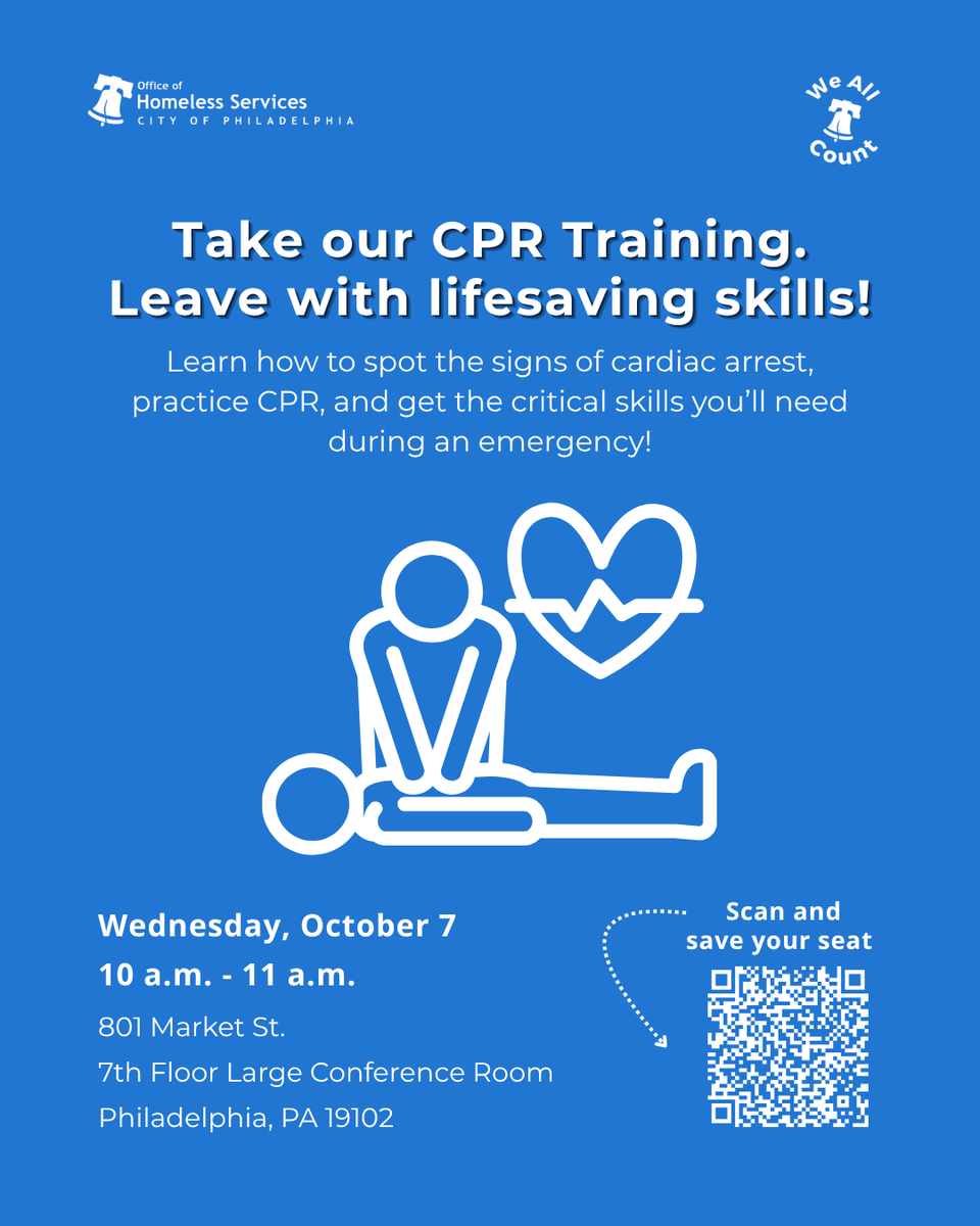 PHLCityHomeless's tweet photo. Learn to spot heart attack signs &amp; pick up life-saving skills in our joint CPR Training with @MobileCPR 

This free, in-person workshop begins at 10 a.m. on Wed., Oct. 7, in the 7th Floor Conference Room at 801 Market St.

Secure your seat: https://t.co/C4OQ4JyKkQ https://t.co/zCFmKgOdwU