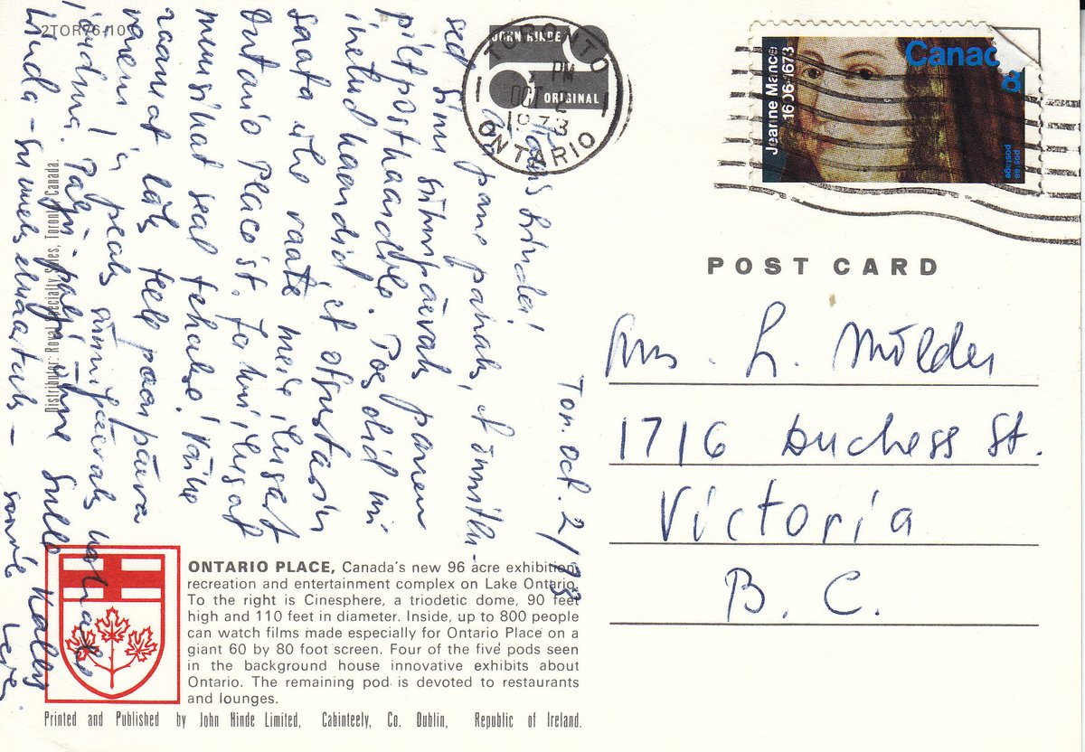 MarjeMolder's tweet photo. Today's 3rd #PostedOnThisDay #cancel is on a #vintage John Hinde #PostCard of the #Cinesphere at #OntarioPlace #Toronto #Canada which was posted 53 years ago OTD of Oct 2, 1973 #philately #stamps #deltiology https://t.co/wuaNt6KoLV