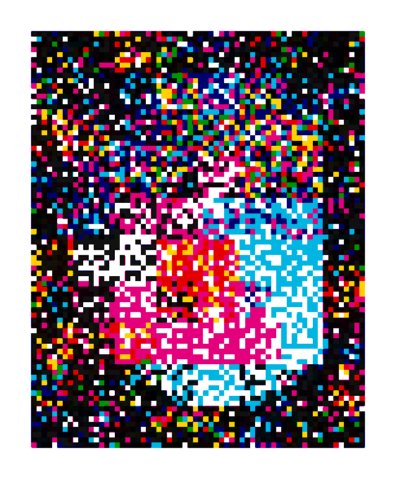 A vibrant, pixelated mosaic-style portrait of a figure with colorful, blocky patterns set against a black background dotted with multicolored squares. The glitchy, digital aesthetic complements the "statement groupie" theme by evoking a bold, attention-grabbing visual that resembles fragmented, eye-catching fashion imagery.
