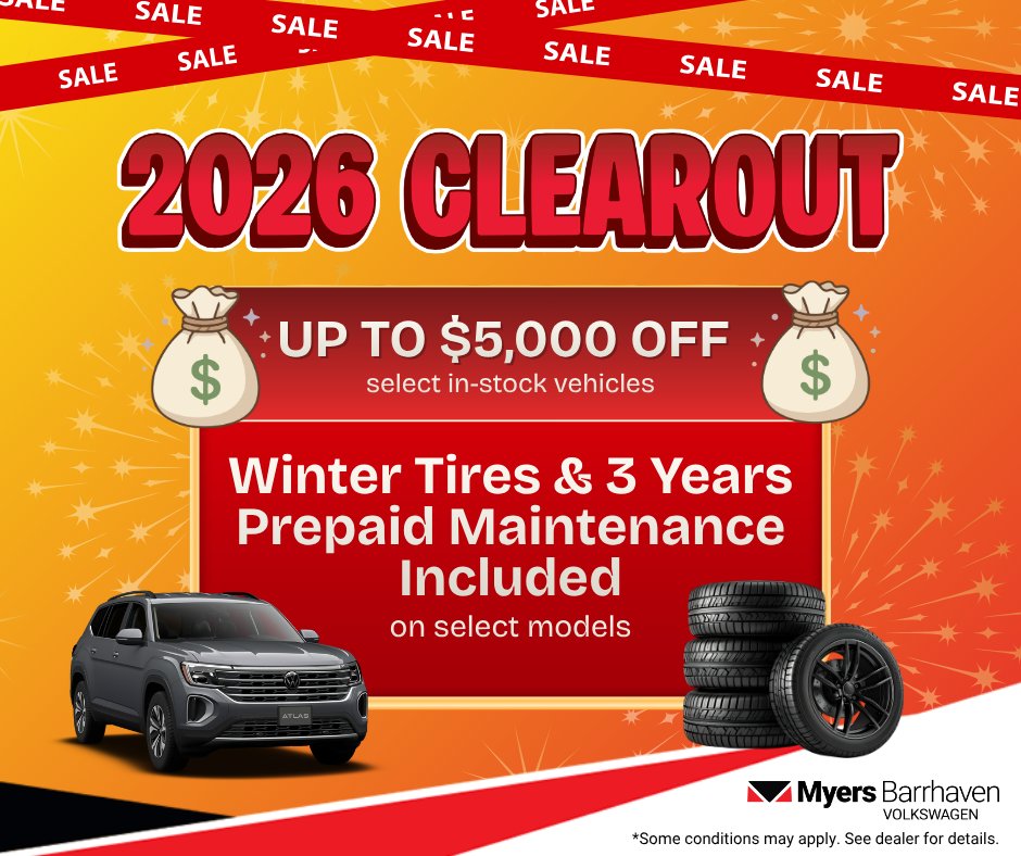 BarrhavenVW's tweet photo. The 2026 Clearout is on 🚗🎉

Save up to $5,000 on select in-stock vehicles!

Plus, get 3 years FREE Prepaid Maintenance on the Atlas, Cross Sport, Tiguan, and Taos 🔧💸

On top of all that, winter tires will also be included on select vehicles!

📍 4149 Strandherd Dr. https://t.co/Vo7lHt8c8G